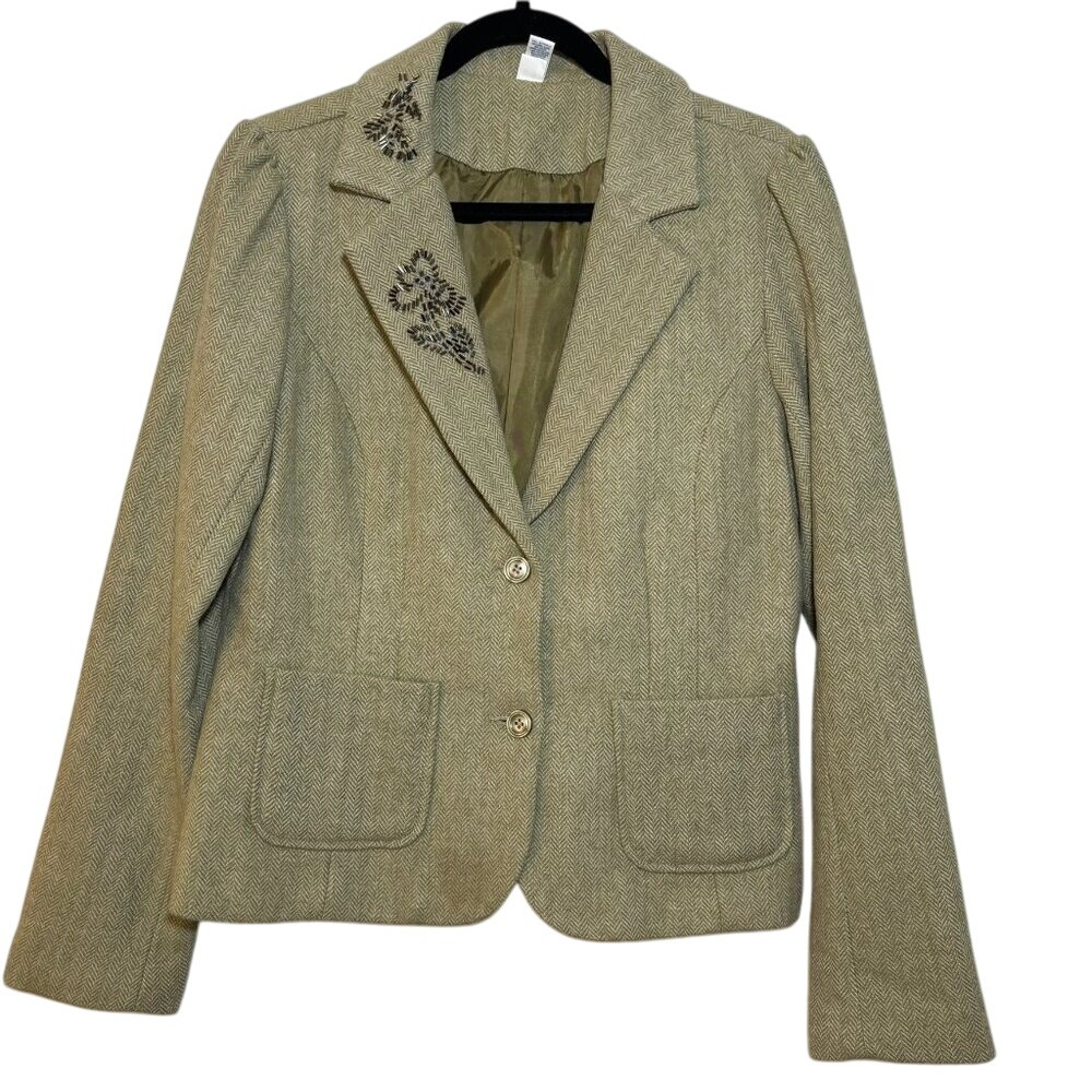 Old Navy Wool Blend Olive Green Herringbone Blazer - Vintage‎ Academia Style